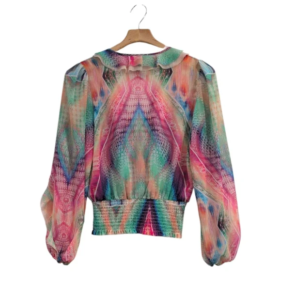 LE SUPERBE Good Vibrations Blouse XS  Rainbow Long Sleeve Print Surplice Top - Picture 5 of 7